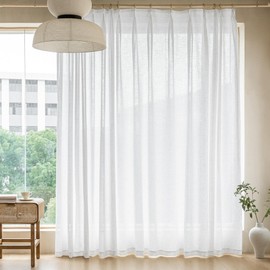 MAIHER Extra Wide Faux Linen Pinch Pleated Curtains 84 Inch Length, 84" W x 84" L, Light Filtering Semi Sheer Pleated Drapes with Hooks for Bedroom Living Room(1 Panel, Beige White)