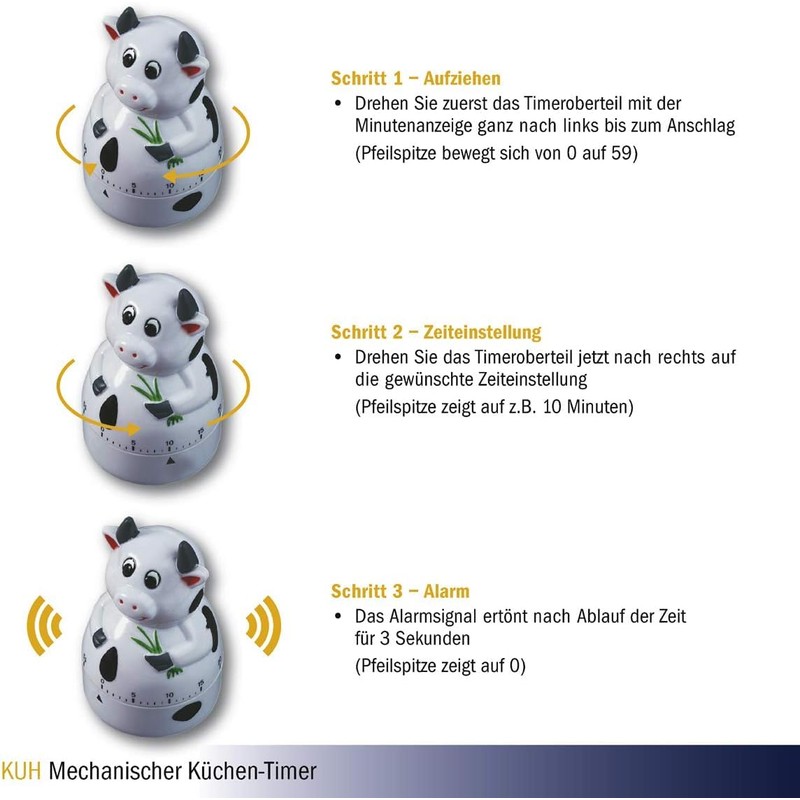 TFA Dostmann Kuh Analoger Küchen-Timer, 38.1007, Eieruhr, mit Metall-Aufzugswerk, akustischer