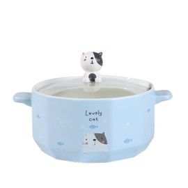 Urban Tokyo Whimsical Characters Porcelain Ramen Noodle Bowl with Glass Lid 30 fl oz Bowl With Side Handles For Udong, Pho, Tomyum Ramen Noodle Soup (Cat)