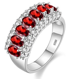 Uloveido Women's Silver Color Oval Cut Red Cubic Zirconia 7 Stones Wedding Band,Simulated Ruby Birthstone Ring J501 (Platinum,Red,Size 6)