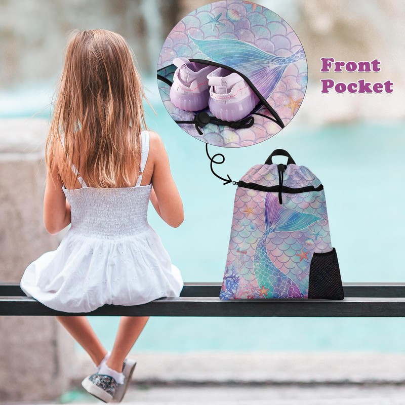 Britown Mermaid Tail Drawstring Backpack, 15” x 17” Waterproof Swim
