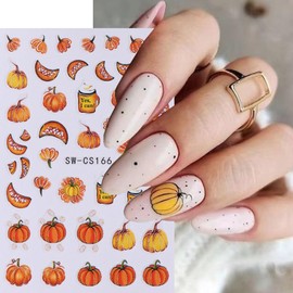 8Sheets Fall Nail Art Stickers Autumn Pumpkins Fallen Leaves 3D Self Adhesive Nail Design Fall Flower Nail Decals Thanksgiving Theme Nail Art Supplies for Women Manicure Decoration