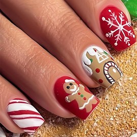 Press on Nails Christmas Acrylic Glossy Full Cover Winter Square False Nails with Xmas Designs Artificial Short Length Square Christmas Fake Nails Glue Stick ons Fingernails for Women Girls(XL10207)