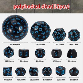 YILAIDA DND Dice Polyhedral Dice Set - 15 Pieces with Bags D3-D100 Dice Polyhedral Dice DND Game Dice for Dungeons and Dragons RPG MTG (Black and Blue)