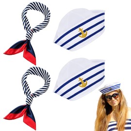 CarPlusStudio Sailor Hat Set - Striped Captain Hat with Navy Scarf, Sailor Outfit Accessories for Men and Women, Yacht Captain Hat, One Size, Perfect for Nautical Parties