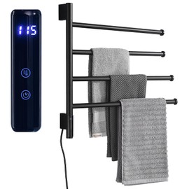 TRUSTMI Swivel Towel Warmer Rack with Built-in Timer with LED Indicator 4 Arm Swing Bathroom Hardware Wall Mounted Plug-in Electric Towel Heated Rack, 1h-24h, 80W, Matte Black