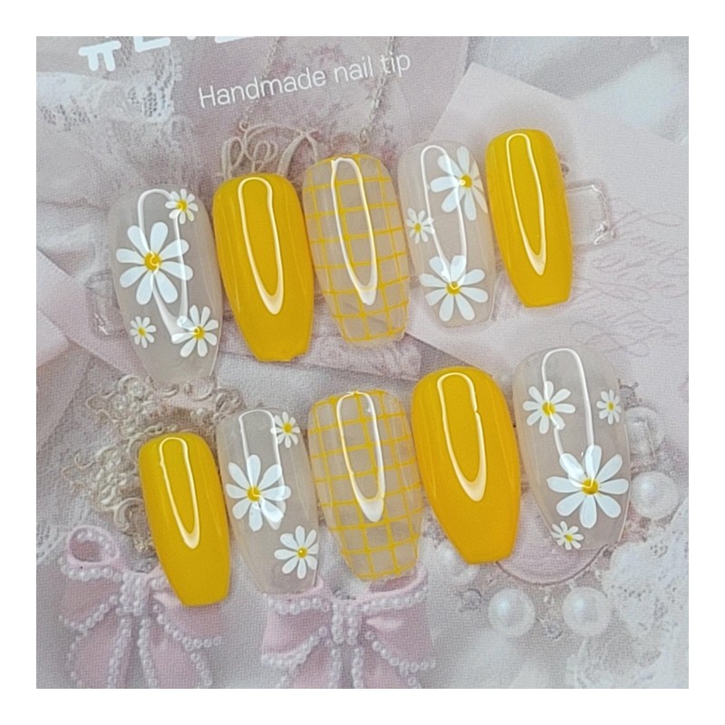 Yellow Flower Handmade Nail Tips - Square L / 옐로우
