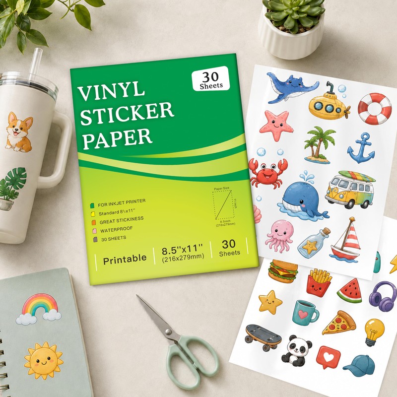 Aevdor 30-Sheet Glossy White Printable Vinyl Sticker Paper, 8.5x11, Inkjet