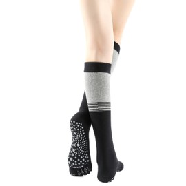 Verdancy Toe Socks Toeless Socks with Grips for Women Non Slip Cushioned Knee Highs Over Calf Socks for Yoga Pilates Barre Ballet (Black/Gray)