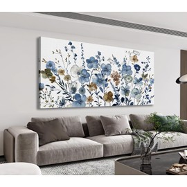 LUEAXRG Floral Wall Art - Abstract Flowers Canvas Pictures for Living Room Wall Decor, Indigo Brown Botanical Prints Modern Nature Painting Artwork for Bedroom Kitchen Office Decor 20" x 40"