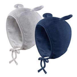 JANGANNSA Newborn Baby Hospital Hat Infant Set Head Cap Lovely Ears Belt Beanie 0-6Months(Bear(Gray+Navy))