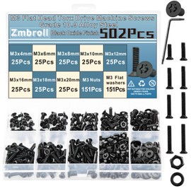Zmbroll M3 フラット皿頭トルクスドライブマシン ネジ 502個 ブラック グレード 10.9 合金鋼 M3x4/6/8/10/12/16/18/20mm スタードライブ全ねじファスナー ナットワッシャー レンチ付き