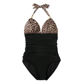 RXRXCOCO V Neck One Piece Swimsuits for Women Tummy Control Ruched Swimwear Halter Bathing Suit for Women Leopard Large
