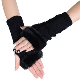 AWOCAN Arm Warmers Winter Faux Fur Knit Fingerless Gloves Winter Fingerless Wrist Warmer Mittens with Thumb Hole for women (BLACK)