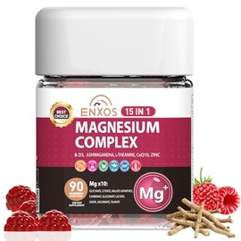 15-in-1 Magnesium Complex Gummies 350 mg/Serv with Ashwagandha Root,Vitamin D3,L-Theanine,Zinc Gluconate,CoQ10, Stress Relief Glycinate Gummy, Sugar F