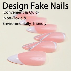 White French Tip Press on Nails with Silver Glitter Line Designs Short Almond Fake Nails Acrylic False Nails Press ons Full Cover Glossy Glue on Nails Stick on Nails for Women Nails Decorations 24 Pcs