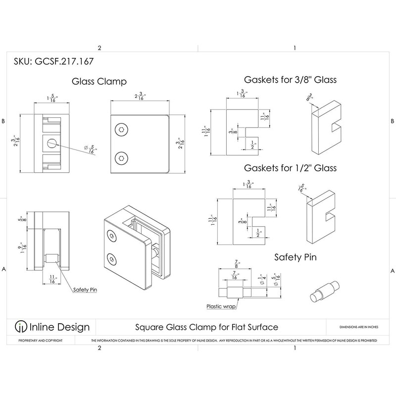 Glass Clamp Large Heavy Duty Square 2.17" for 3/8", 1/2"