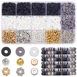 SOFPLATE 1 Box 2800Pcs Black and White Clay Beads Kit 6mm Friendship Bracelet Making Kits Disc Heishi Flat Round Gold Silver Flower Spacer Beads for Jewelry Bracelets Making Accessories DIY Crafts