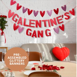 Premium Innovations Galentines Day Party Decorations, Galentine's Gang Banner, 6 Kiss Lip Balloons, 12 Heart Shaped Glasses (6 Red - 6 Pink), 12 Heart Headbands, 2 Pink Curtains Backdrop & 1 XOXO Balloon