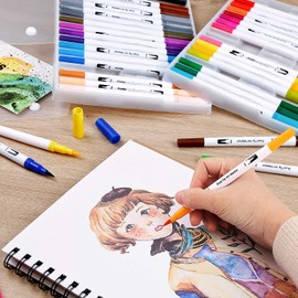 KAPASKI Dual Brush Pens, 36 Colors Brush Tip Markers, 0.4 mm Flineliner Pens and Brush Markers for Coloring, Colored Drawing Pens, Coloring Markers for Coloring Books, Journaling Pens