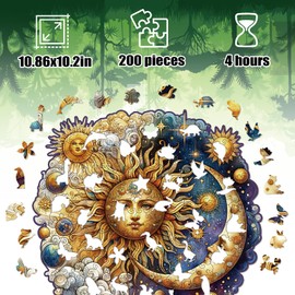 Wooden Puzzles for Adults, Sun and Moon Wood Puzzles 200 Pieces, Irregular Animal Shaped Unique Wooden Jigsaw Puzzles, Creative Ghristmas Gift for Teenagers and Adults