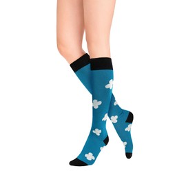 Women Girls Cute Blue Knee High Socks Flower Novelty Floral High Knee Socks Casual Cotton Long Socks Funny Funky Colorful Patterned Sports Athletic Baseball Tube Socks, White Flower, Blue