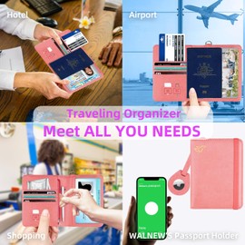 WALNEW Airtag Passport Holder, PU Leather RFID Blocking Passport Wallet with Airtag Holder and Zipper Pocket, Travel Accessories for Women & Men (Dark Pink)