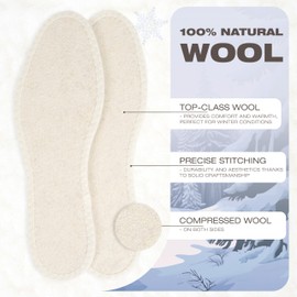 BISON Winter Insoles 2 Pairs - Warming Shoe Insoles - Sheep's Wool Lambskin Insoles with Stitching - Warm Insoles for Shoes Women and Men - Size 46