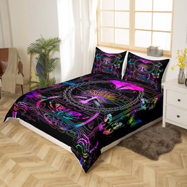 Boho Moth Duvet Cover Set Twin Size,Skeleton Skull Gothic Bedding Set for Kid Teen Boys Girls Room Decor,Butterflies Trees Comforter Cover,Mysterious Neon Gradient Quilt Cover with 1 Pillowcase