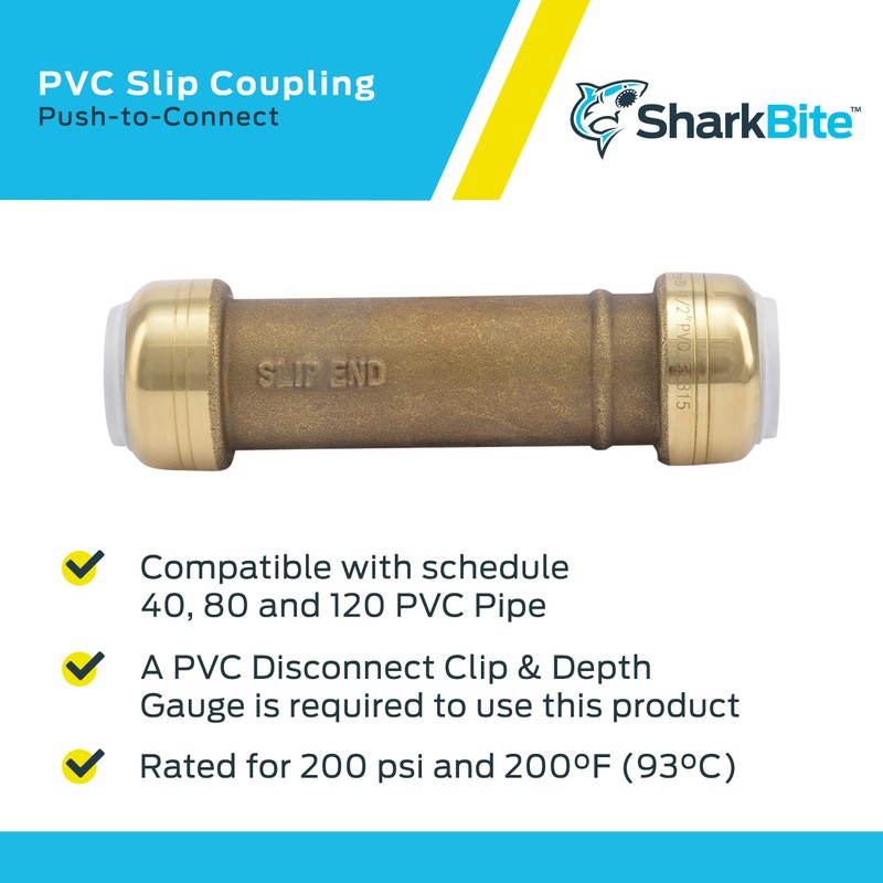 SharkBite 1/2 Inch PVC Slip Coupling, Push to Connect Brass