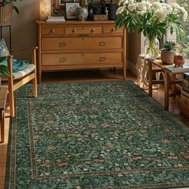 Rugxara 5x7 Area Rugs for Living Room Bedroom, Large Washable Rug, Green Vintage Floral Boho Rug, Non Slip & Low Pile Faux Wool Thin Carpet for Indoor Dining Room and Kids Room(Green 5x7ft)