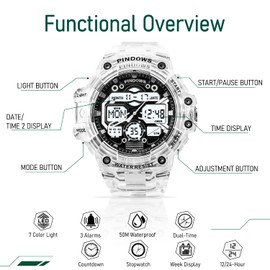Men's Digital Analogue Sports Watch for Men, 7 Colour LED Light, Electronic Tactical Army Watch, Waterproof Military Wristwatches with Stopwatch, 3 Alarms, Countdown and Dual Time Display Watches,