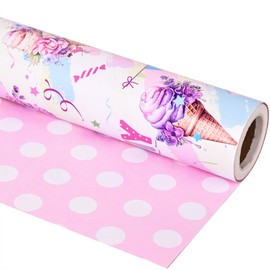 Altarho Reversible Ice Cream Wrapping Paper Roll for Kids Girls Women - 17 Inch x 20 Feet - Pink Summer Happy Birthday and Polka Dot Design Gift Wrap for Baby Shower Party Total 28.5sq.ft