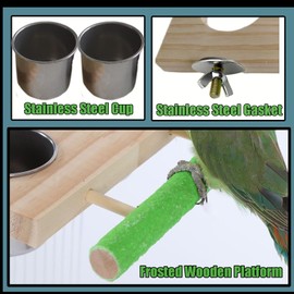 Bird Feeding Dish Cups, Stainless Steel Bird Feeding Bowl for Cage, Hanging Parrot Cage Feeder & Water Bowl with Wooden Platform for Parakeet Cockatiels Budgie Finches