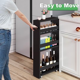 MARTY Slim Rolling Storage Cart 4-Tier Kitchen Cart on Wheels, Laundry Room Storage with Handle Slide Out Utility Cart Shelving Unit Organizer Trolley for Narrow Places Bathroom Small Corner, Black