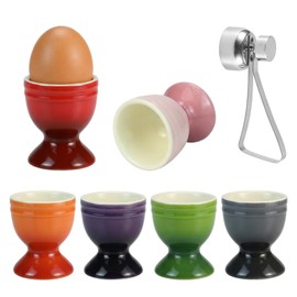 Ceramic Egg Cups for Soft Boiled Eggs - Set of 6 Colorful Boiled Egg Holder with Egg Topper Cutter - Elegant Kiln-Altered Glaze Porcelain Cups for Kitchen Breakfast Brunch - 6cm High Stable Design