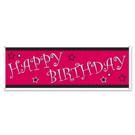 Beistle Happy Birthday Sign Banner, 5' x 21", Cerise/White/Black