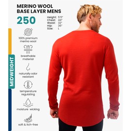 Merino.tech Merino Wool Base Layer - Mens 100% Merino Wool Long Sleeve Thermal Shirts Heavyweight, Midweight, Lite with Socks (Medium, 250 Cherry Red)