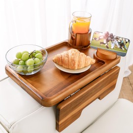 Holana 15.74" D x 9.8" W Acacia Wood Couch Cup Holder Tray, Large Sofa Armrest -Double Hinge Sofa Arm Tray Table Clip - 3 in 1 Couch Arm with Phone Holder - Wooden Side Tables for Eating and Drink