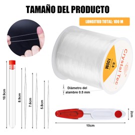 2 Pcs Cordón de Hilo Elástico de Cristal de 0.5 mm x 100 m, Hilo Elastico para Pulseras, Hilo de Cristal Transparente y Resistente, con 3 Agujas de Cuentas, para Abalorios, Pulseras y Manualidades