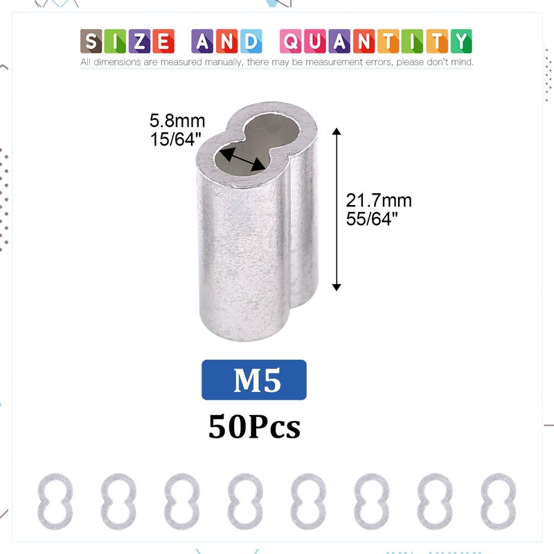 Glarks 50Pcs 3/16''(5mm) Aluminum Crimping Loop Sleeve Wire Rope Sleeves