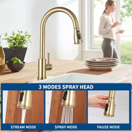 GUUKAR Gold Kitchen Faucet with Pull Down Sprayer, Modern Brushed Gold Single Handle Kitchen Sink Faucet with Deck Plate