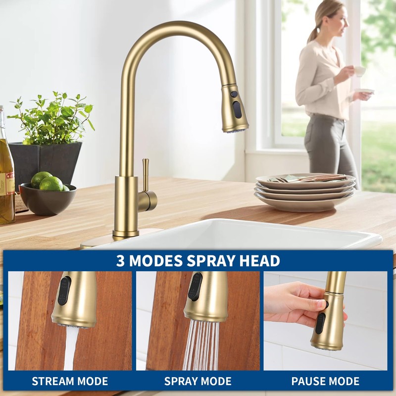 GUUKAR Gold Kitchen Faucet with Pull Down Sprayer, Modern Brushed