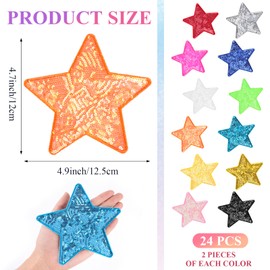 Aemygo 5 Inch Sequin Star Iron on Patches, 24 Pcs Glitter Stars Patches Embroidery Sequin Patches for Clothing, Jacket, Backpacks, Costume Decorations (12 Colors)