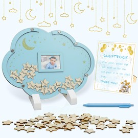 xiheer Baby Shower Guest Book Alternatives, Cloud Baby Shower Decorations with 70pcs Little Stars, Wooden Instructions and Pen, Sign in Guest Book Alternatives Picture Frame (Blue)