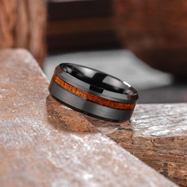 King Will 8mm Wood/Red Opal/Gold Foils Inlaid Black Tungsten Carbide Rings Wedding Band Brushed Hammered Men’s Engagement Ring Comfort Fit for Men Women, 12, Tungsten, No Gemstone
