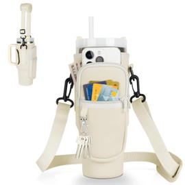 thirei Water Bottle Holder Bag, Bottle Holder with Pocket, Neoprene Water Bottle Holder with Adjustable Strap, for Travel, Hiking, Running, Cycling, Cream