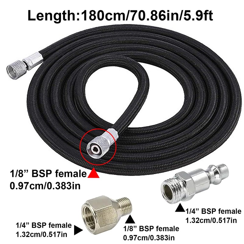 6-Ft Braided Airbrush Air Hose Standard 1/8" Ends and 1/4"