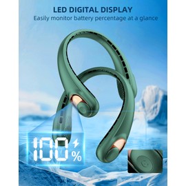 JIAGE Neck Fan, Portable Neck Fan Rechargeable, 5200mAh Battery Operated, LED Display, 360-Degree Cooling, 3 Speeds, Quite, Bladeless Design Neck Fans, Personal Neck Cooler, Dark Green