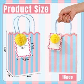 FYSUIMU Colorful Paper Gift Bag with Honeycomb Ball and Tag Stripe Scalloped Treat Bags Candy Goodie Bags for Summer Birthday Party Favors Supplies, 16 Set